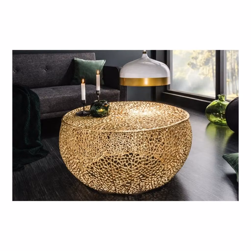 Tavolino basso rotondo Meublorama dorato in metallo con design traforato Diam 80 cm, H 40 cm – 2