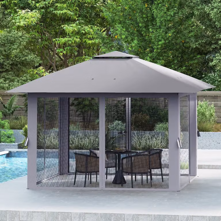 Tenda da esterno pieghevole Costway con zanzariera e tetto doppio, riparosole per giardino e patio, Grigio, 394 x 394 cm
