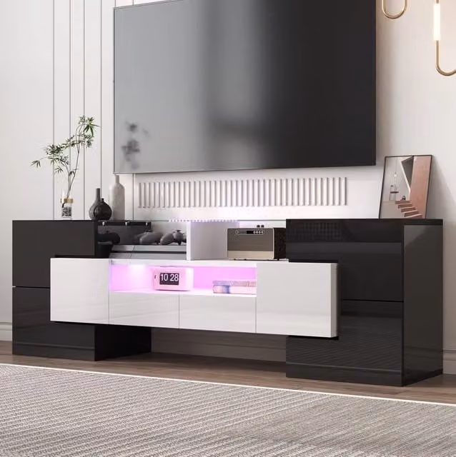 Mobile TV moderno con LED multicolore; 145 cm; bianco lucido e nero