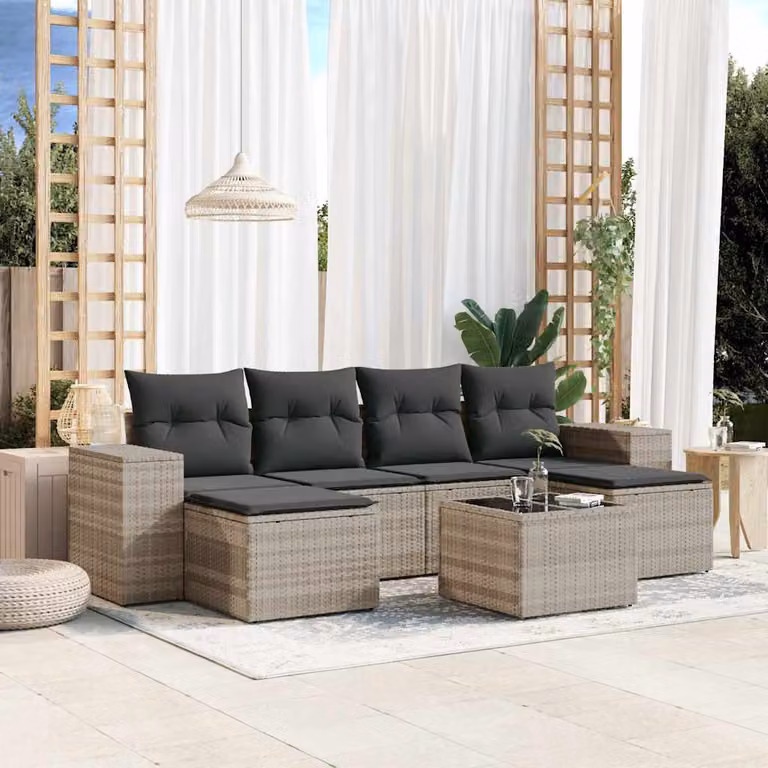 vidaXL Set Divani da Giardino 7 Pezzi a Forma di L con Cuscini Grigio Chiaro e Tavolino da Esterno in Polyrattan e Acciaio