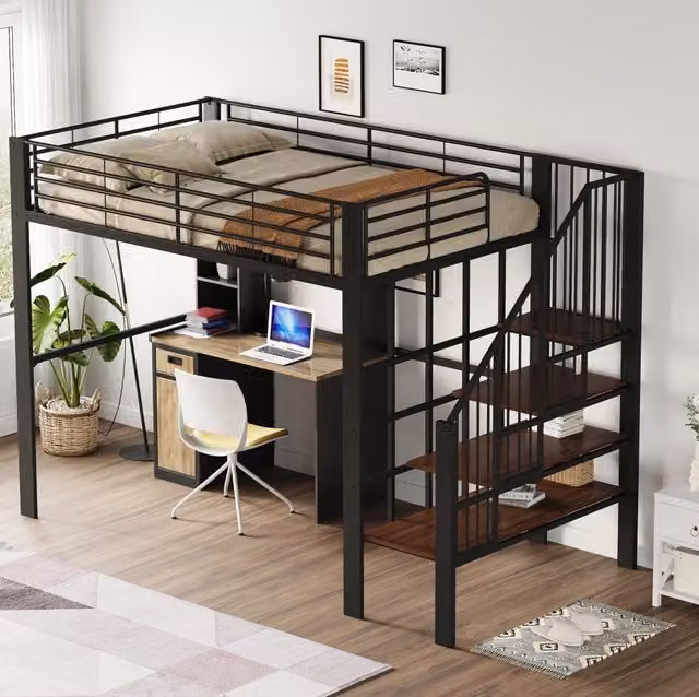 Letto a soppalco in metallo e legno 140 x 200 cm nero con scala e spazio sotto il letto
