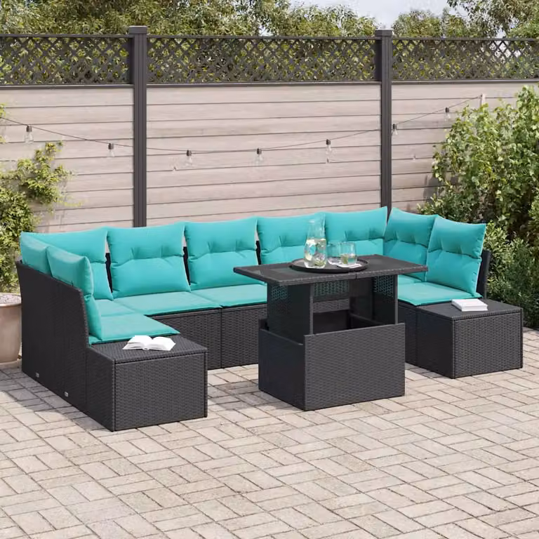 Set Divano da Giardino vidaXL a forma a U composto da 8 pezzi con tavolino da caffè, colore Nero e Blu