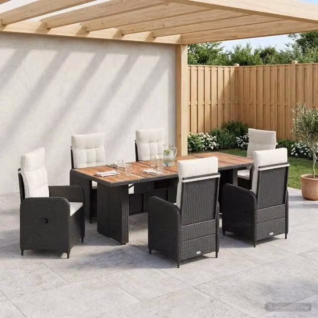 Set da pranzo per esterni vidaXL in polyrattan e legno di acacia, 7 pezzi, Nero, Bianco e Beige, L: 240 cm, P: 110 cm, H: 75 cm