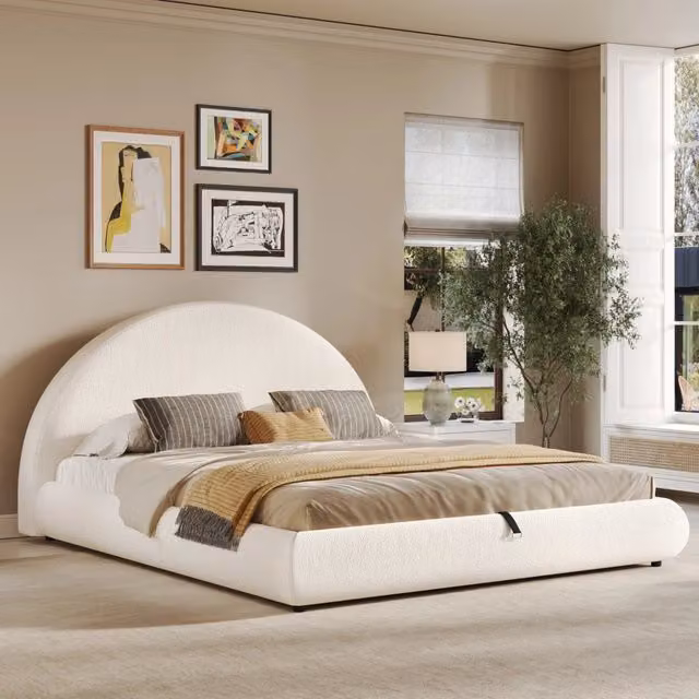 Letto matrimoniale 160x200 cm con contenitore idraulico e rete a doghe; rivestimento bouclé bianco