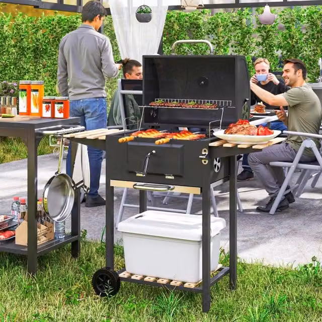 Barbecue a carbone REDOM in acciaio inossidabile nero con coperchio, termometro e ripiani laterali L/P/H: 112 x 58 x 107 cm – 1
