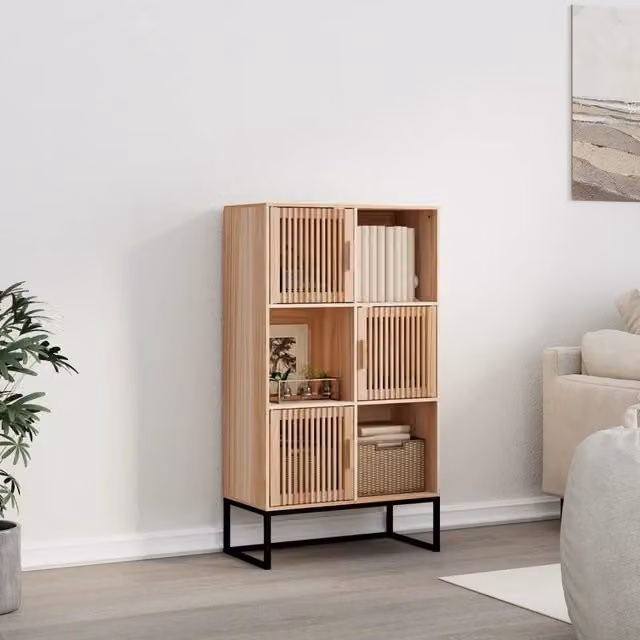Credenza in stile scandinavo vidaXL in legno di pino e metallo, colore beige, L: 70 cm, P: 35 cm, H: 125 cm – 1