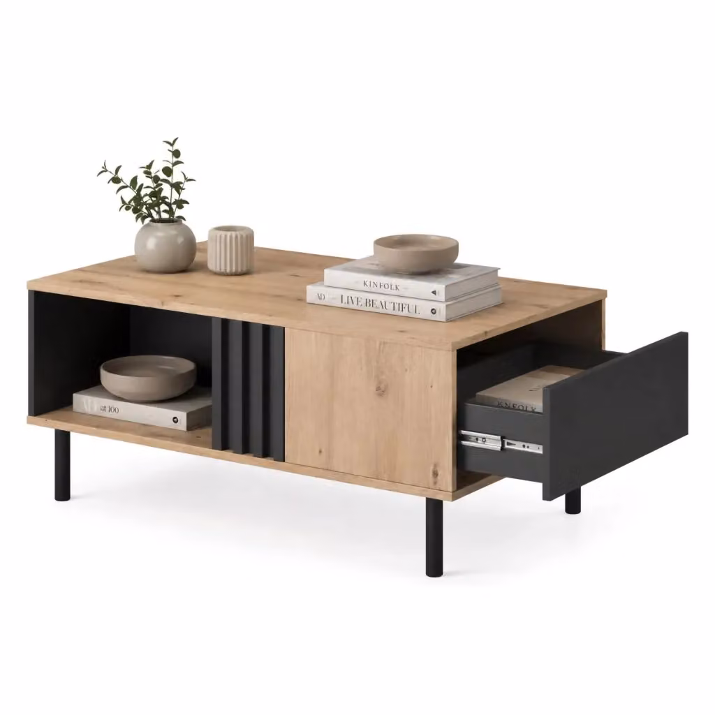 Tavolino da salotto Kasese DMORA con un cassetto, colore marrone rovere, L: 100 cm, P: 60 cm, H: 4 cm – 2