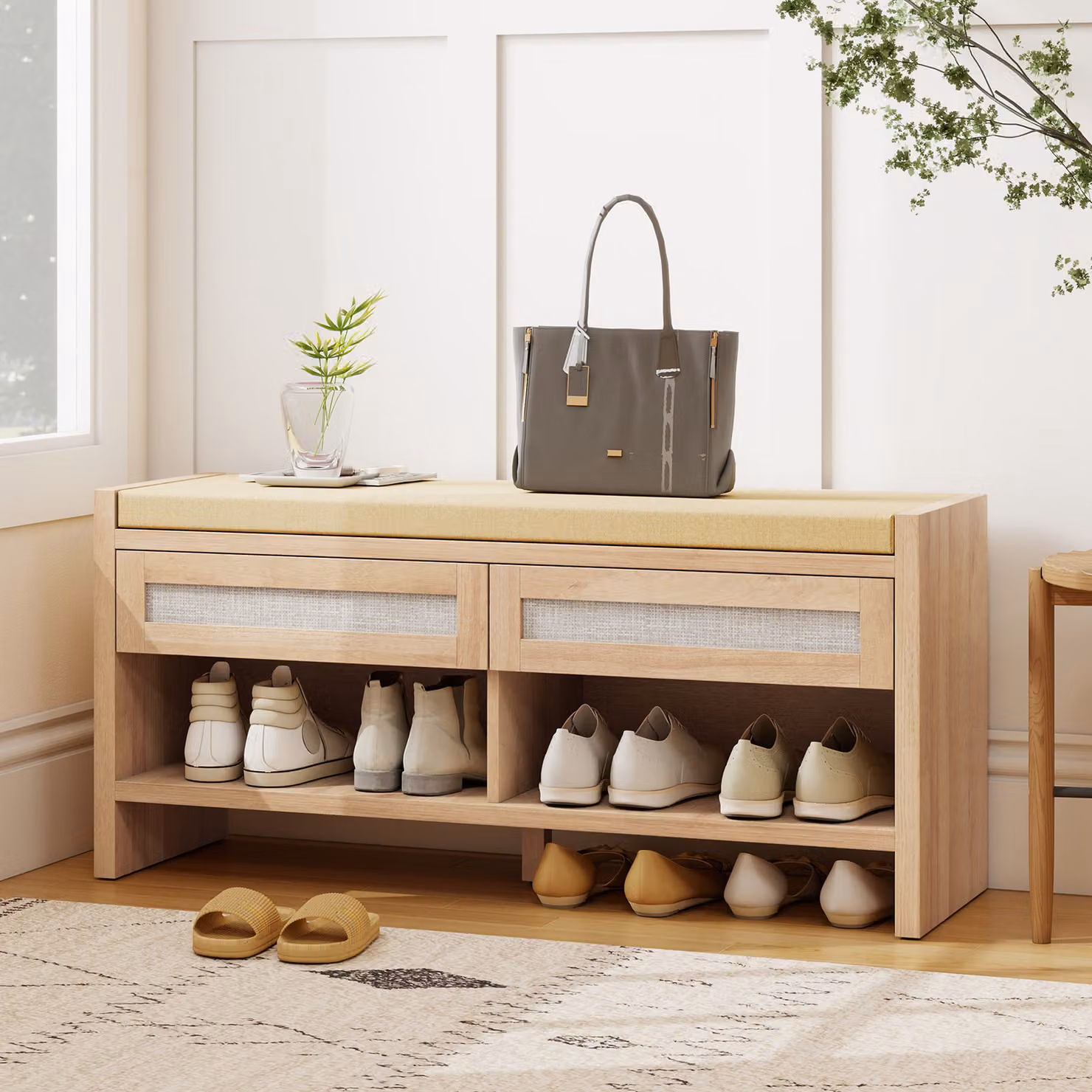 Panca porta scarpe da ingresso HOMCOM con seduta imbottita effetto lino, 2 cassetti in rattan e ripiano aperto, colore rovere e beige – 2