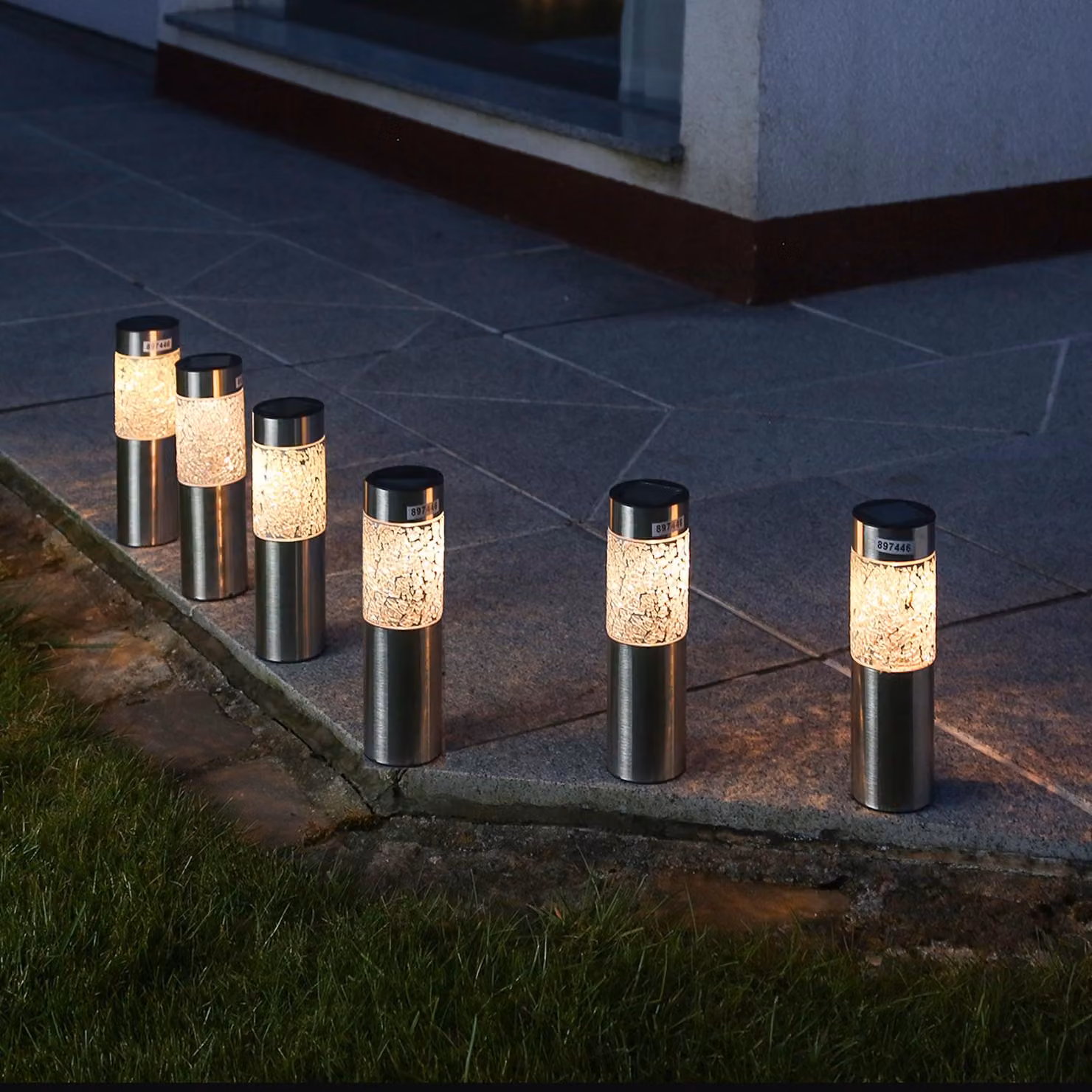 Lampioni solari a LED per esterni, design mosaico - LED bianco caldo - acciaio inossidabile - picchetto da terra - altezza: 22 cm - argento - set da 6