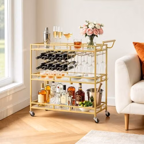Carrello Bar VEVOR in Metallo e Vetro con 3 Ripiani, Portabicchieri e Portabottiglie, Colore Dorato, L/P/H: 88 x 38 x 89 cm