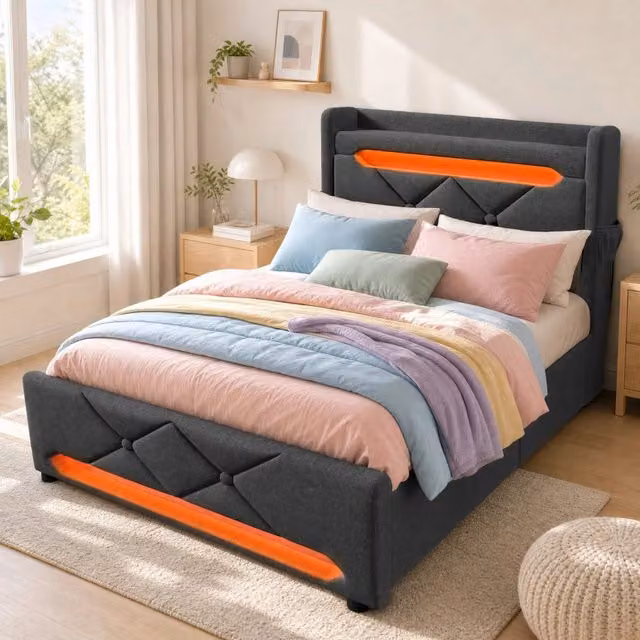 Letto imbottito singolo 90x200 cm grigio con LED 360°, USB-C e vano contenitore