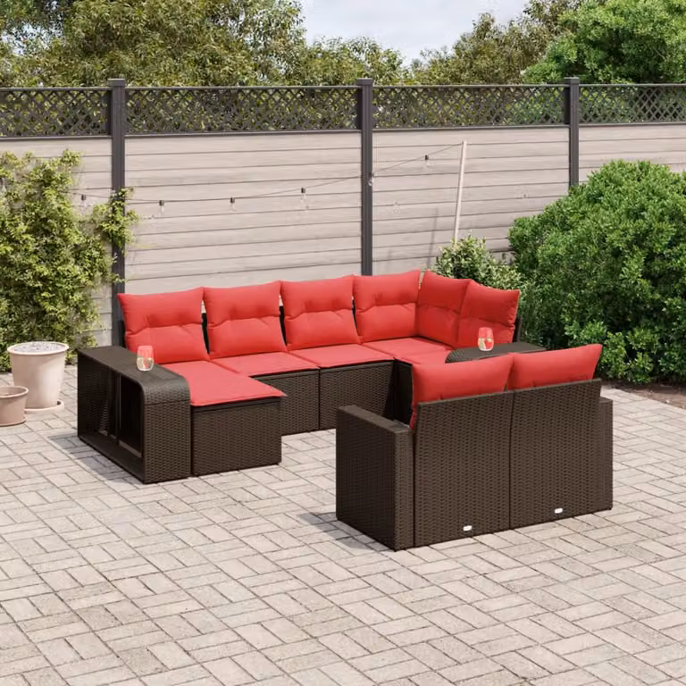 Set di divani da giardino vidaXL 10 pezzi a forma di U in rattan marrone con cuscini e struttura in metallo per esterno