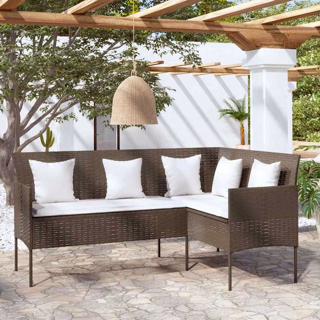 vidaXL Divano da giardino a forma di L con cuscini, struttura in metallo e rattan, marrone e bianco