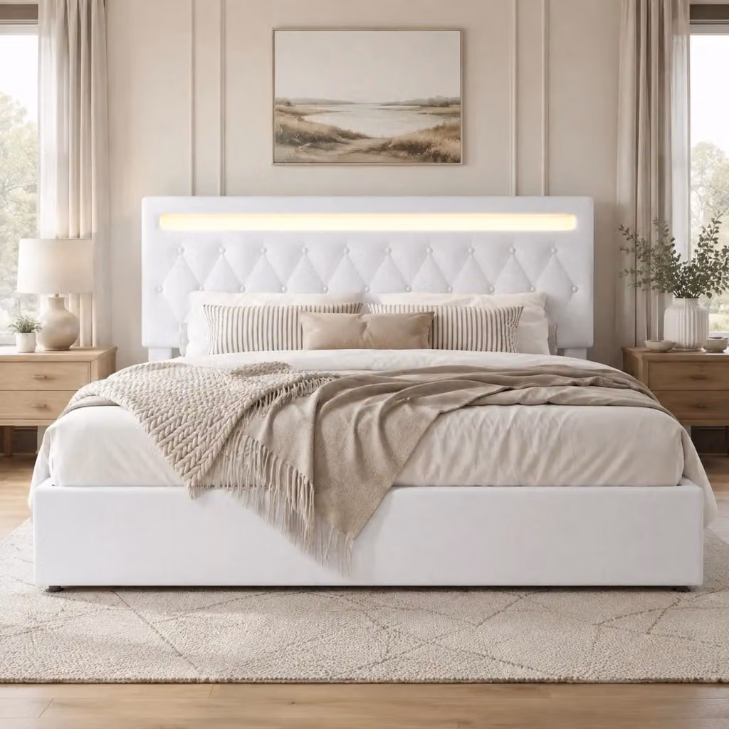 Letto imbottito REDOM bianco con sollevamento idraulico, porte USB e illuminazione sottostante L/P: 180 x 200 cm – 2