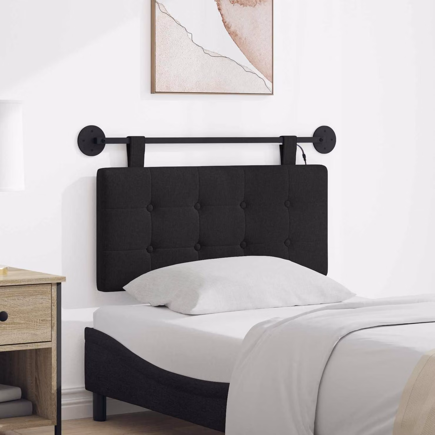 Testiera per letto sospesa vidaXL con luce LED integrata e rivestimento in tessuto nero