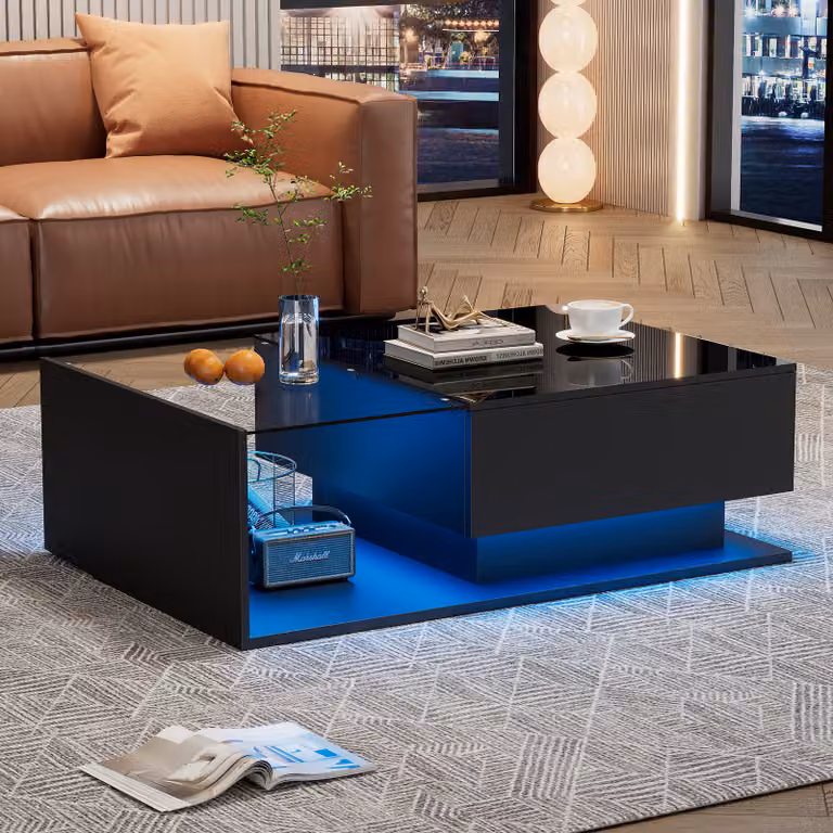 Tavolino Merax con piano in vetro e cassetto, tavolino lucido con LED incl. APP, tavolino da salotto 100x50x32cm, nero