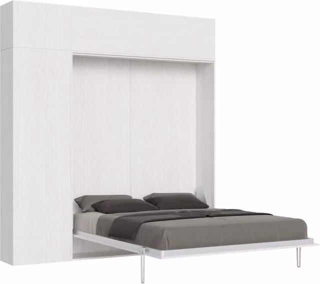Letto a scomparsa verticale Kentaro Itamoby con colonna e pensili, Bianco Frassino, 160x200 cm