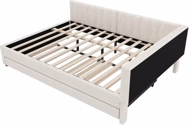 Letto giorno 140x200 cm in lino beige con cassetti, LED multicolore e porte USB/Tipo C, con rete a doghe e letto estraibile