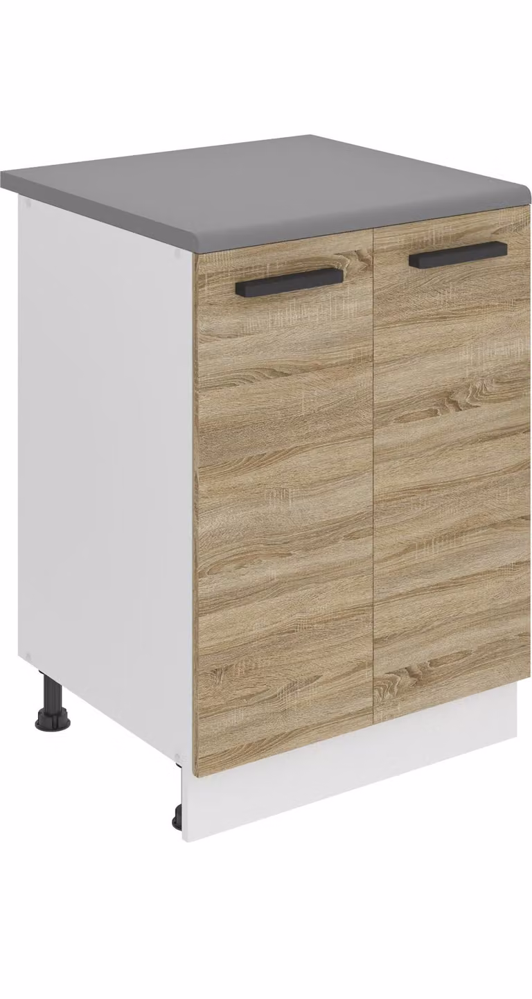 Base da cucina Belini, base da cucina larga 60 cm. SD2 Base per cucina con piano di lavoro. Mobile da cucina a 2 ante, rovere Sonoma