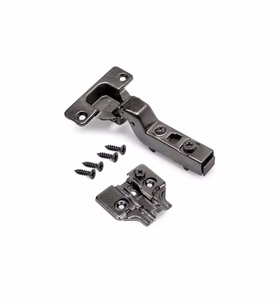 Kit cerniera a scodellino a collo alto Emuca X91 con chiusura ammortizzata e basetta per vite in acciaio, colore grigio/argento