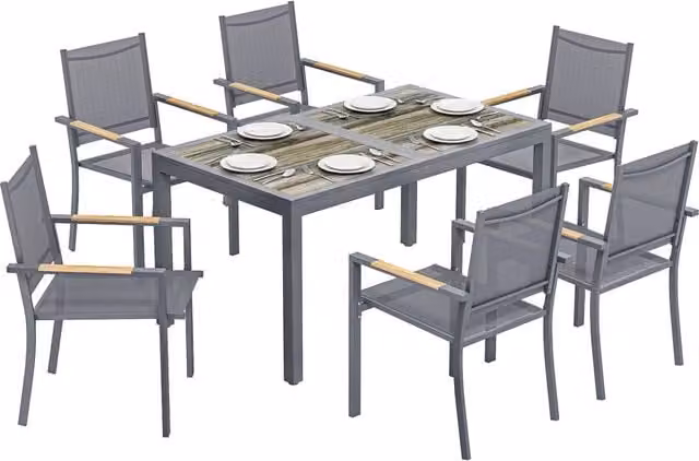 Set Mobili da Giardino 7 Pezzi Tavolo Effetto Legno 140x80x72cm e 6 Sedie Impilabili in Textilene Grigio per Esterno