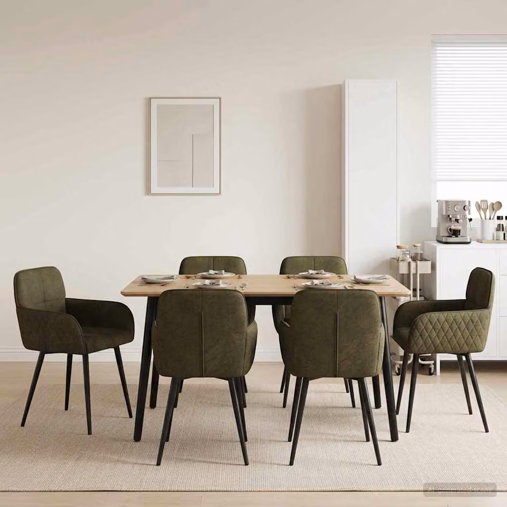 Set di 6 sedie da pranzo vidaXL in pelle scamosciata sintetica verde militare con braccioli e struttura in metallo