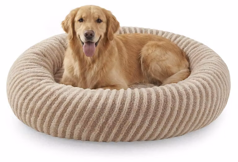 Cuccia per cani a forma di ciambella, rotonda, lavabile, morbida, antiscivolo, in peluche effetto coniglio e pile, color marrone, diametro 91 cm