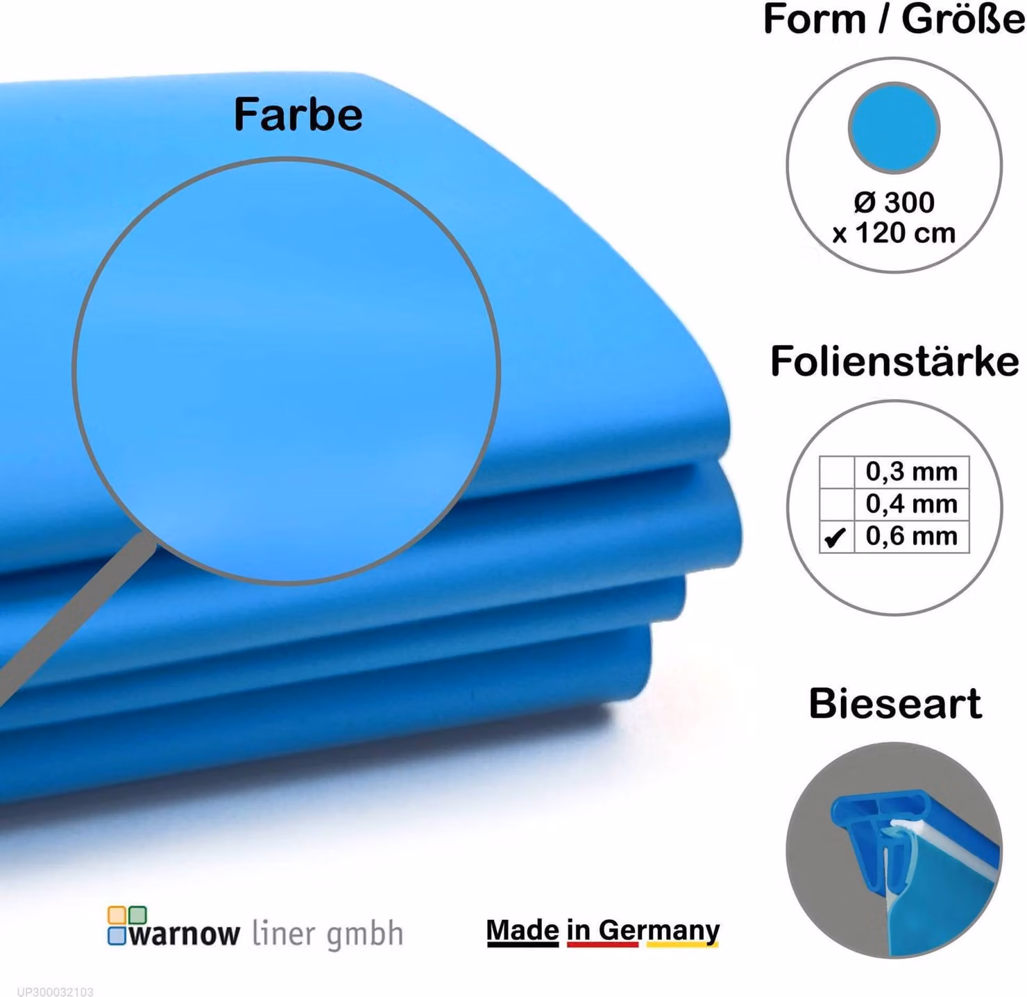 Liner premium per piscine rotonde, 300 cm x 120 cm, spessore: 0,6 mm, blu, tubature a forma di cuneo