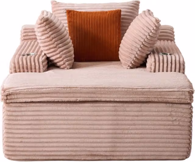 Divano letto senza struttura con chaise longue in velluto rigato rosa, divano moderno e confortevole per soggiorno con 3 cuscini e coperta integrata