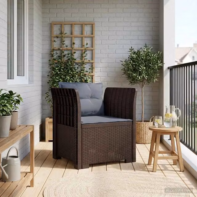 Poltrona singola moderna vidaXL con cuscini in aspetto rattan marrone e grigio per giardino, balcone o terrazzo – 1