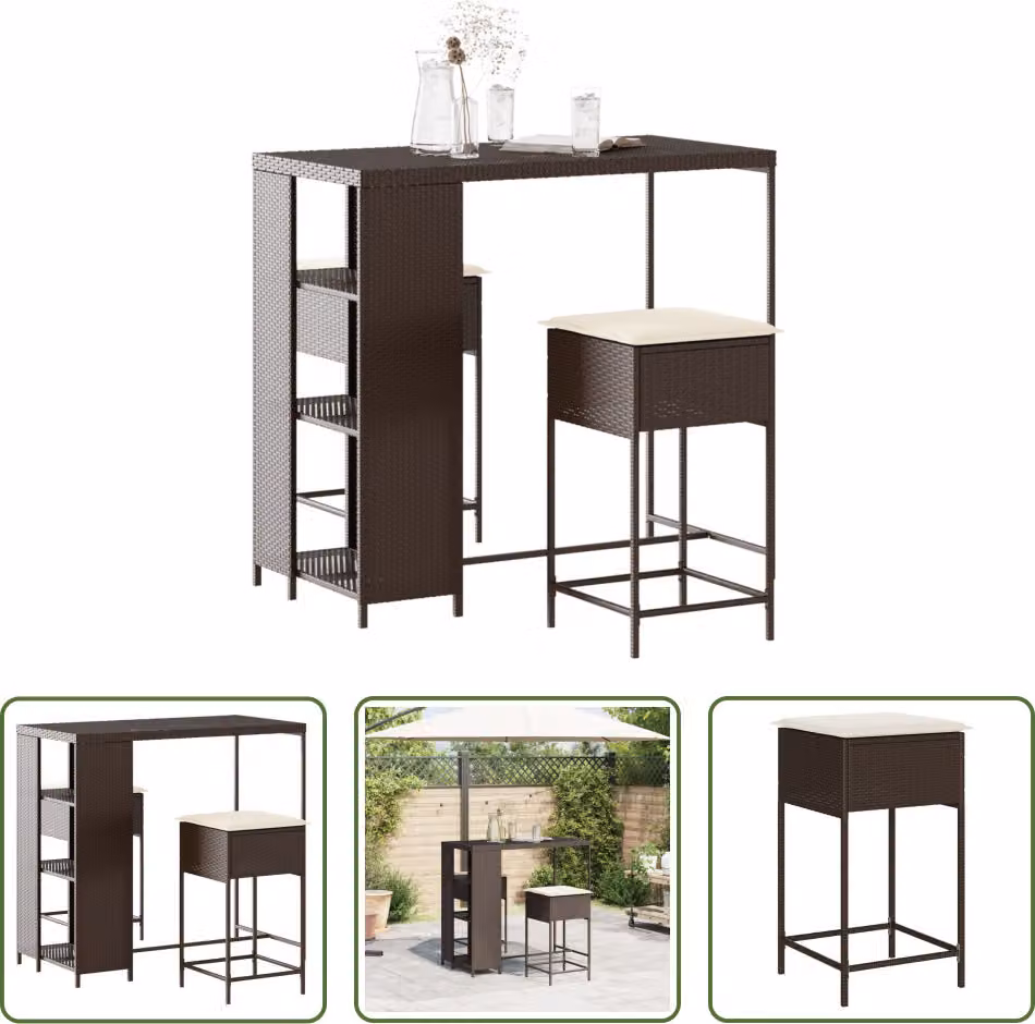 Set da bar da giardino The Living Store, 3 pezzi, con cuscini, in polyrattan marrone