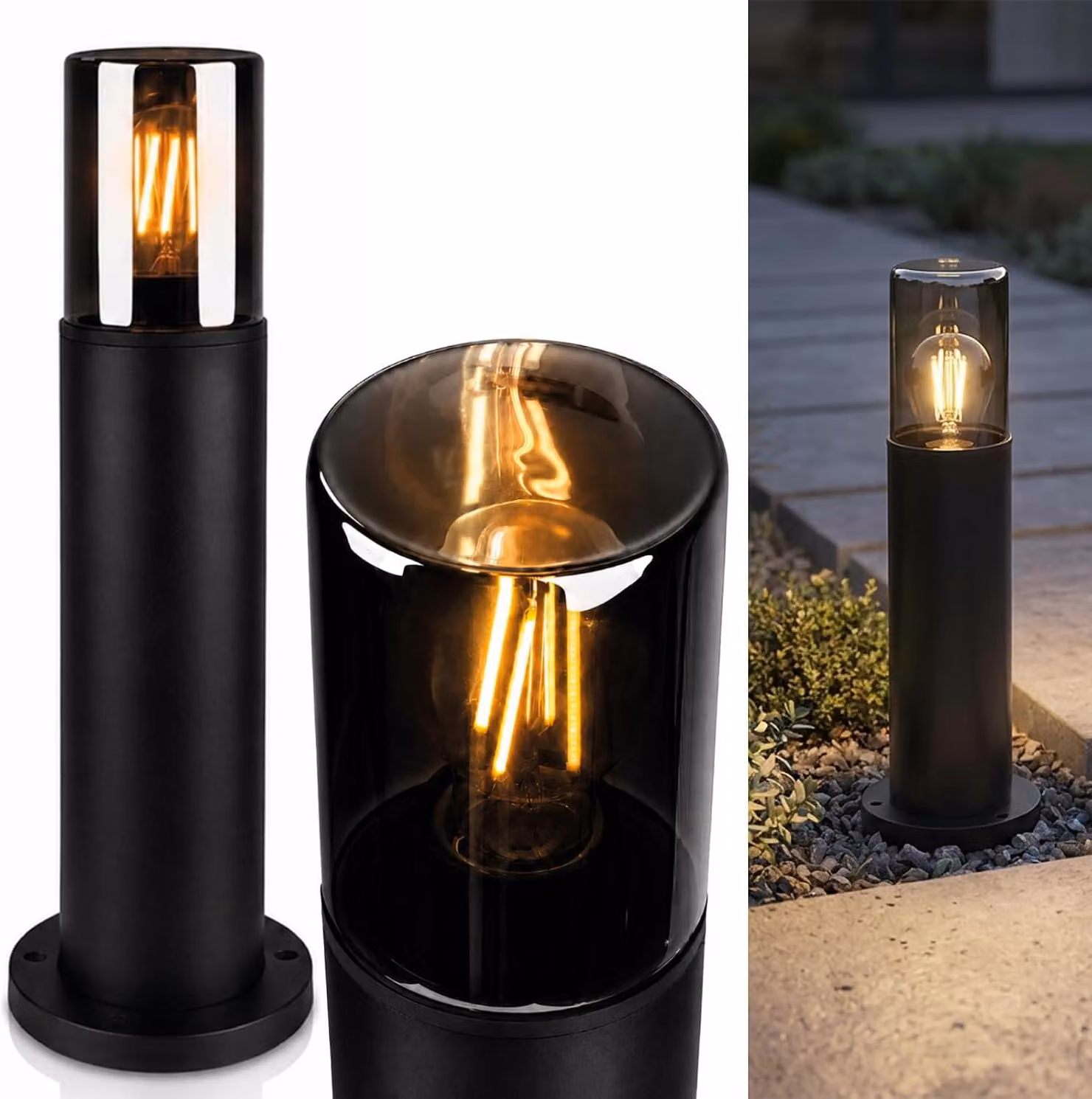 LUMILED Lampione da esterno, lampada a palo, vetro fumé, 40 cm, grado di protezione IP54, resistente agli schizzi, attacco E27, massimo 13W, lampada da esterno, lampada da terra, illuminazione esterna, lampada da giardino, lampione