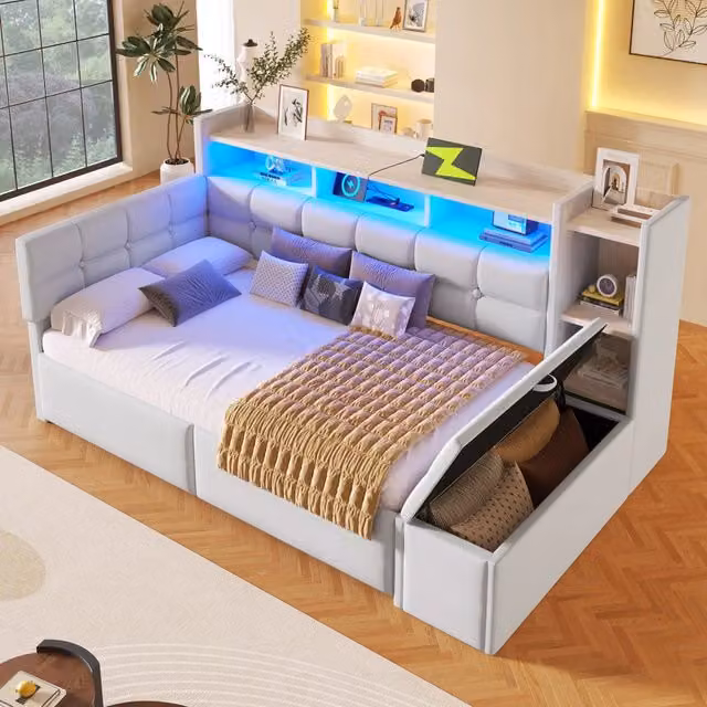 Letto divano singolo 90 × 190 cm, 2 cassetti, USB, tipo C, LED regolabile e ripiano, senza materasso, velluto bianco