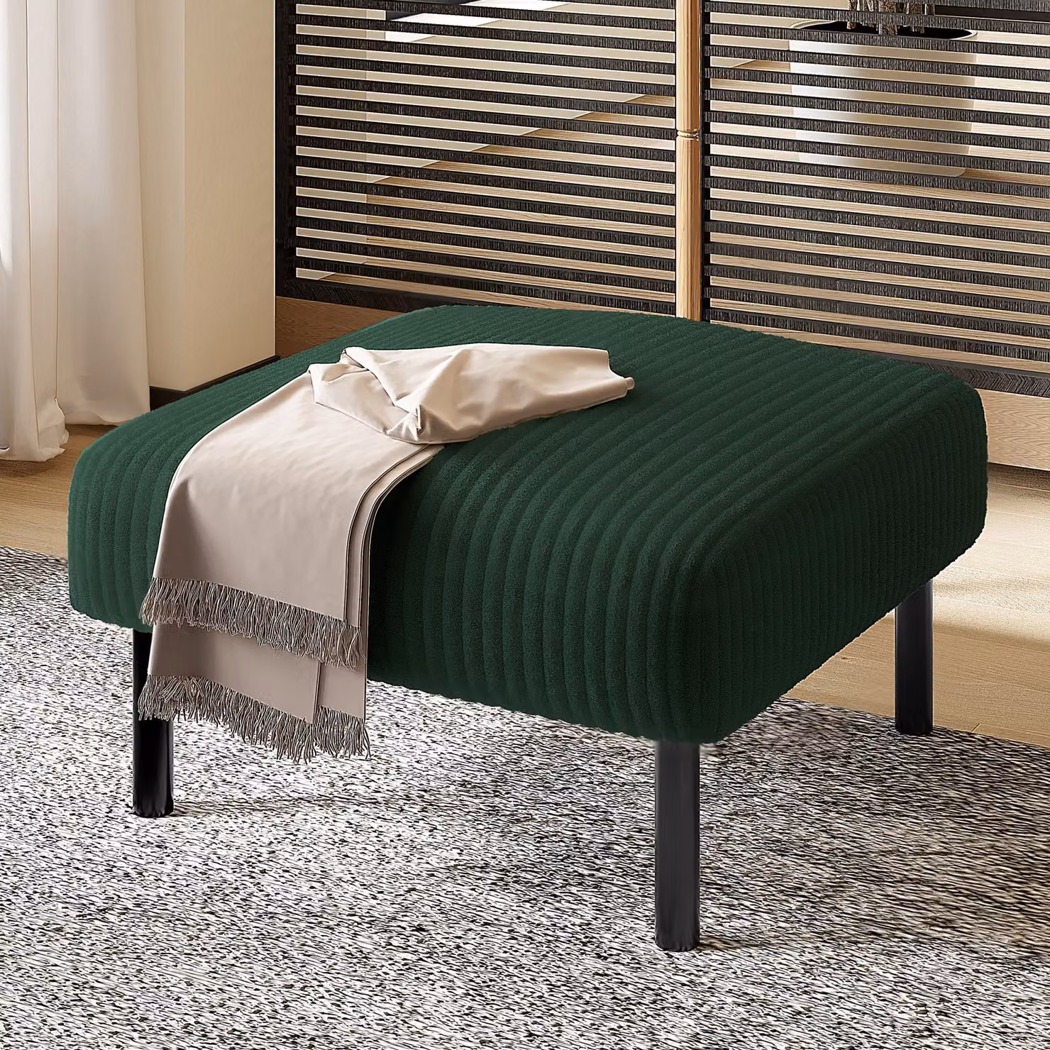 Pouf poggiapiedi in tessuto corduroy, poggiapiedi con struttura in metallo utilizzabile anche come tavolino, montaggio senza attrezzi, colore verde