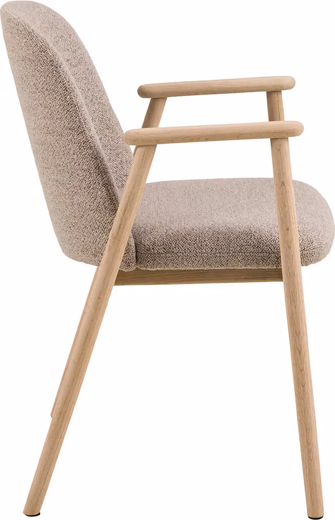 Sedia da pranzo Leo con braccioli bouclé beige.