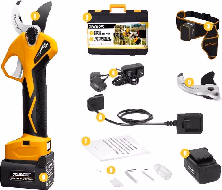 Potatore da giardino a batteria, taglio efficiente, design resistente, PRU36 giallo, due batterie