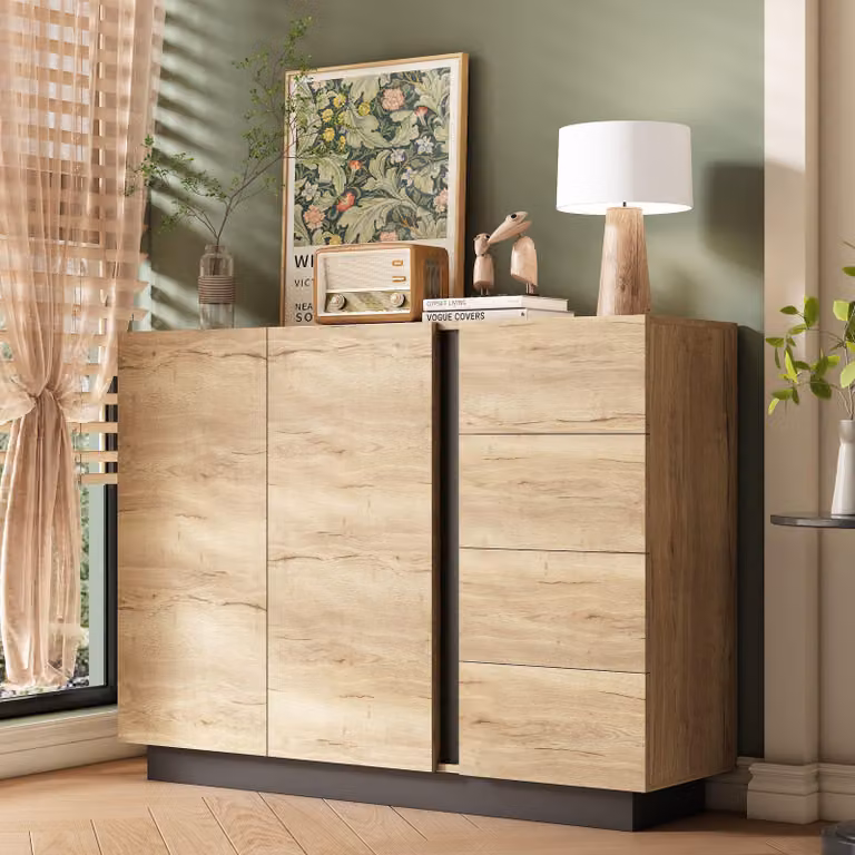 Credenza Merax, cassettiera con 4 cassetti e 2 ante, mobile contenitore senza maniglie con apertura a pressione, credenza per soggiorno e cucina, natura