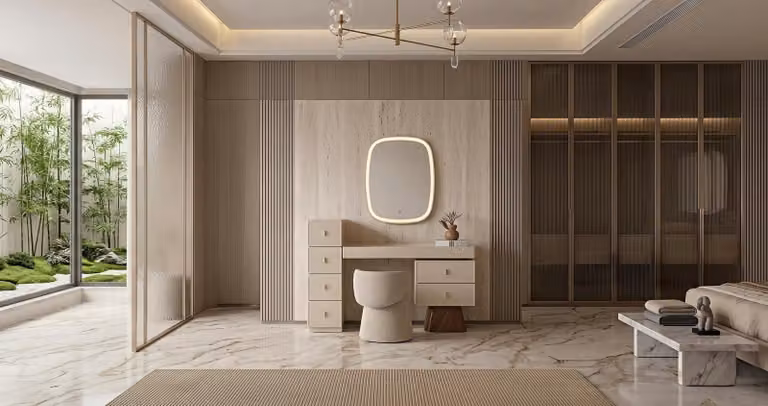 Set per camera da letto: specchio, poggiapiedi, design moderno, beige, lussuoso, tavolino da trucco