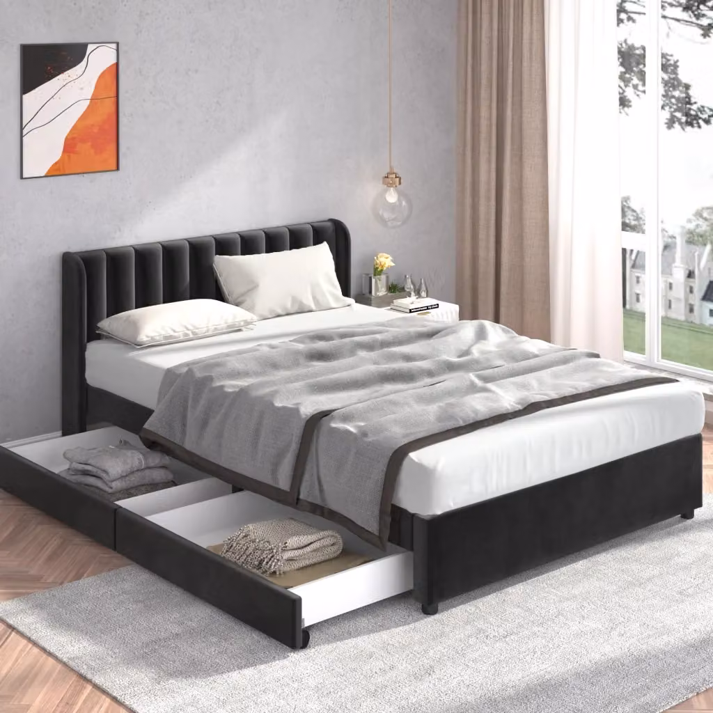Letto REDOM in velluto nero con 2 cassetti e rete a doghe L/P: 160 x 200 cm – 2