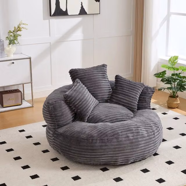 Poltrona Sacco WISHDOR in Velluto a Costine Grigio con Schienale Alto e Braccioli, L: 108 cm, P: 108 cm, H: 52 cm