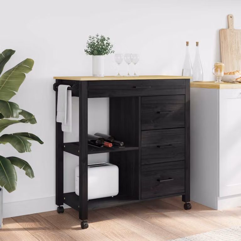vidaXL Carrello da Cucina MONZA Moderno in Legno di Pino Nero L: 84 cm, P: 40 cm, H: 88,5 cm