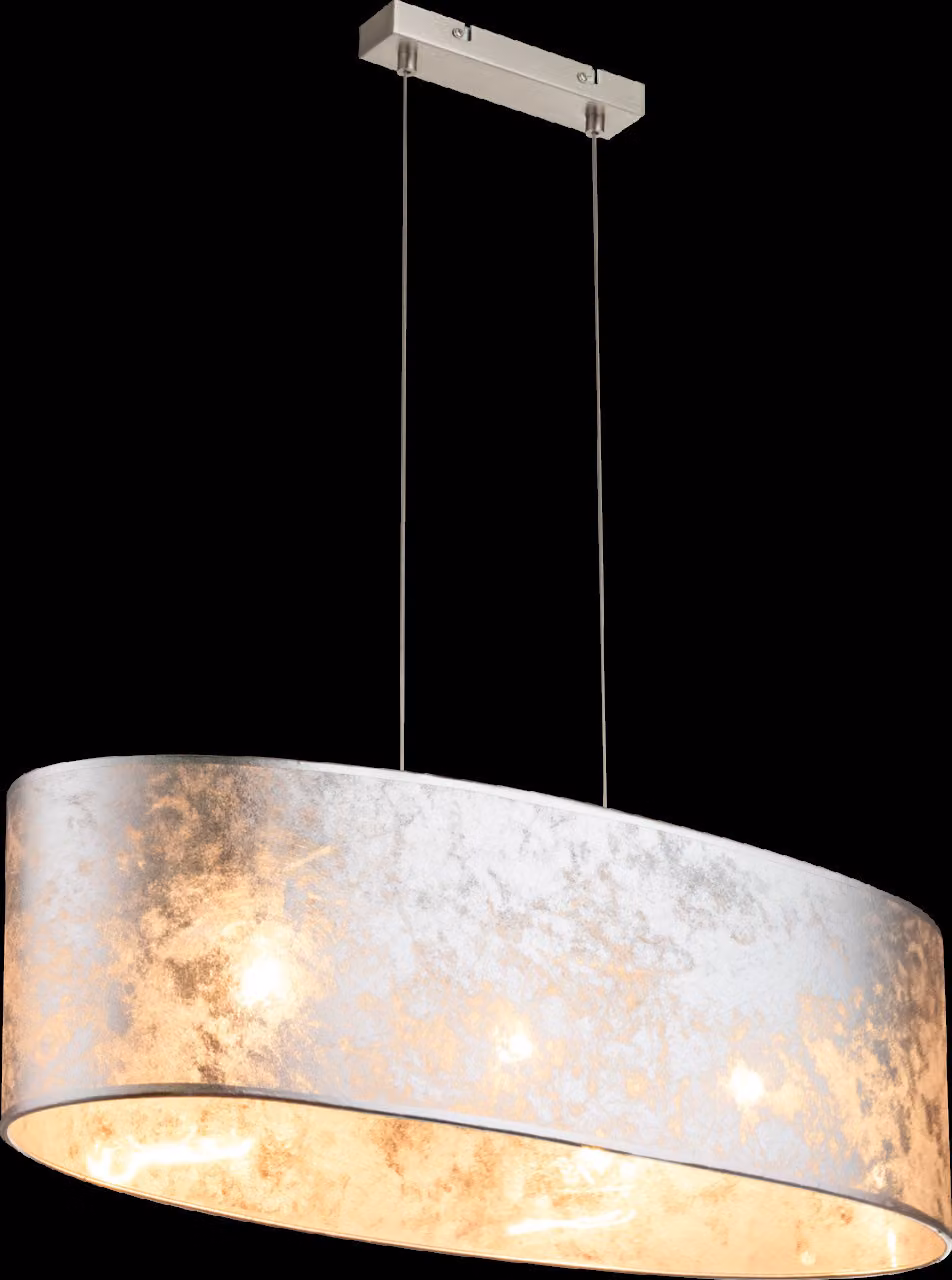 Globo Lighting lampada a sospensione in metallo nichel opaco, plastica, tessuto metallizzato argento, acrilico satinato, inclusa sospensione, LxPxH: 650x250x1400mm, escl. 3x E27 60W 230V