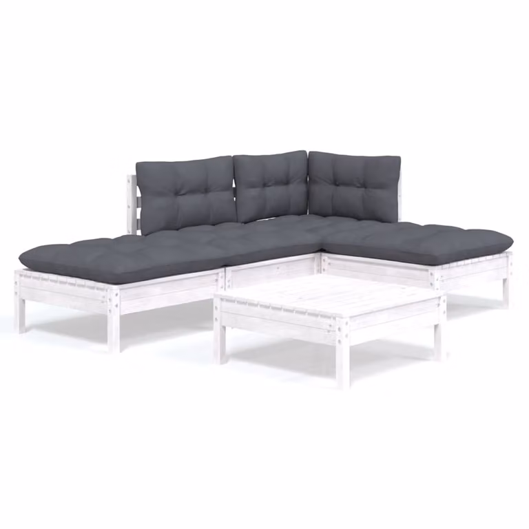 Set Divani da Giardino 5 pz con Cuscini Bianchi Legno di Pino
