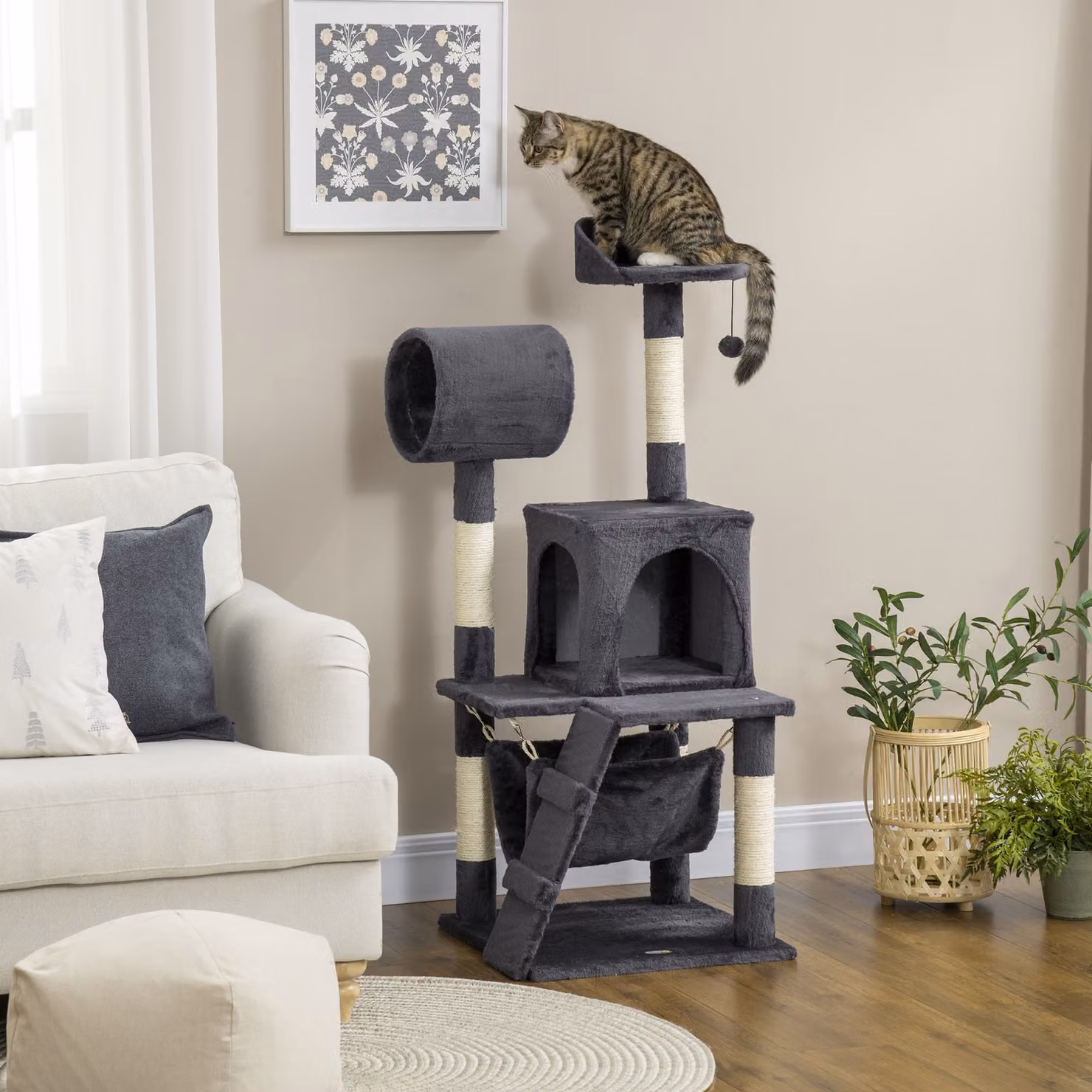 Albero per gatti PawHut con amaca, casetta, tunnel e tiragraffi in sisal, Grigio Aosom, L/P/H: 48 x 48 x 125 cm – 2