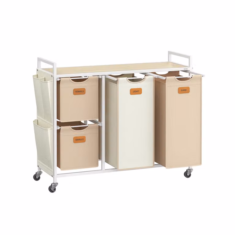 Cesto Portabiancheria a 4 Scomparti, Beige Naturale + Marrone Cammello + Bianco Crema / 150L