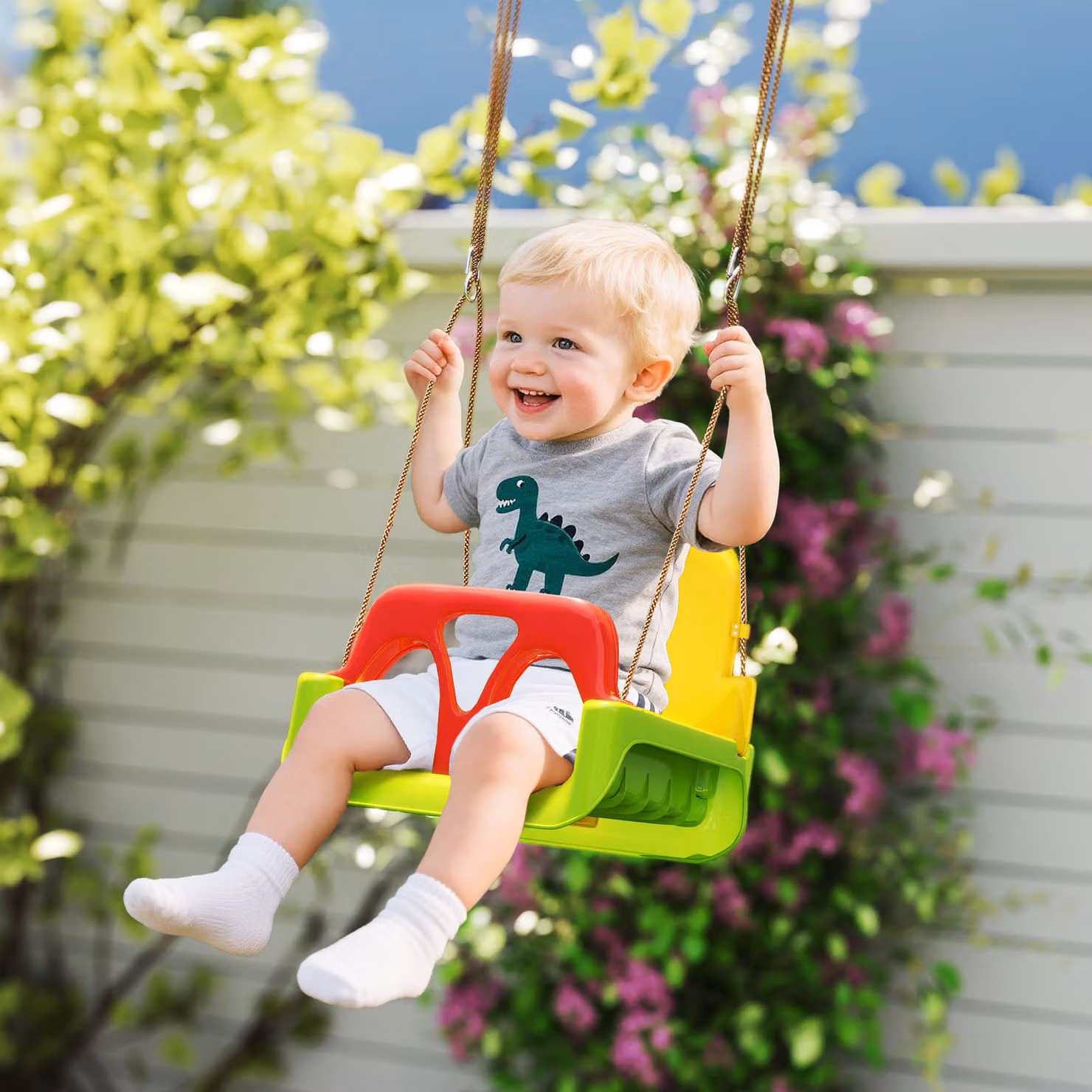 Altalena per bambini Outsunny da 9 a 36 mesi in plastica multicolore con corda regolabile e cintura, H: 120-180 cm, L: 42 cm, P: 33 cm – 2
