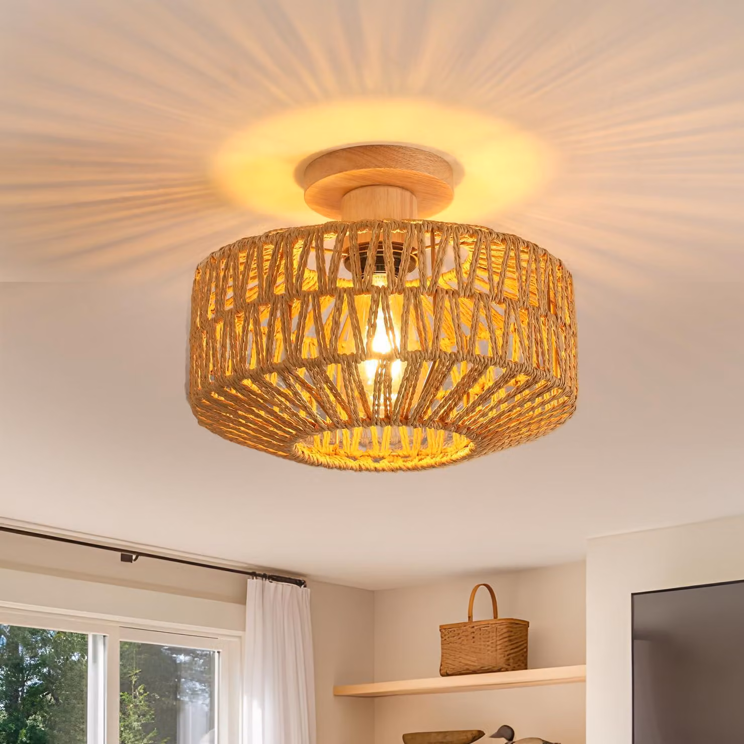 Lampada a sospensione Toolight, struttura in rattan, attacco E27, diametro 30 cm, colore naturale, ideale per il soggiorno, finitura in legno