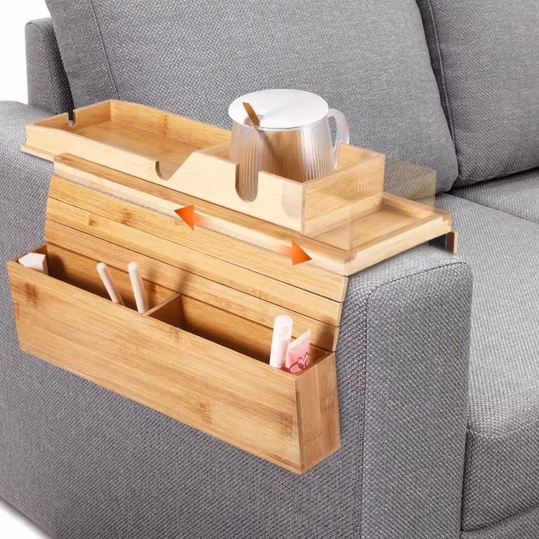 Tavolino da divano - Vassoio per braccioli con portabicchieri - Pieghevole - Antiscivolo - In bambù - Per bevande e piccoli oggetti - Beige