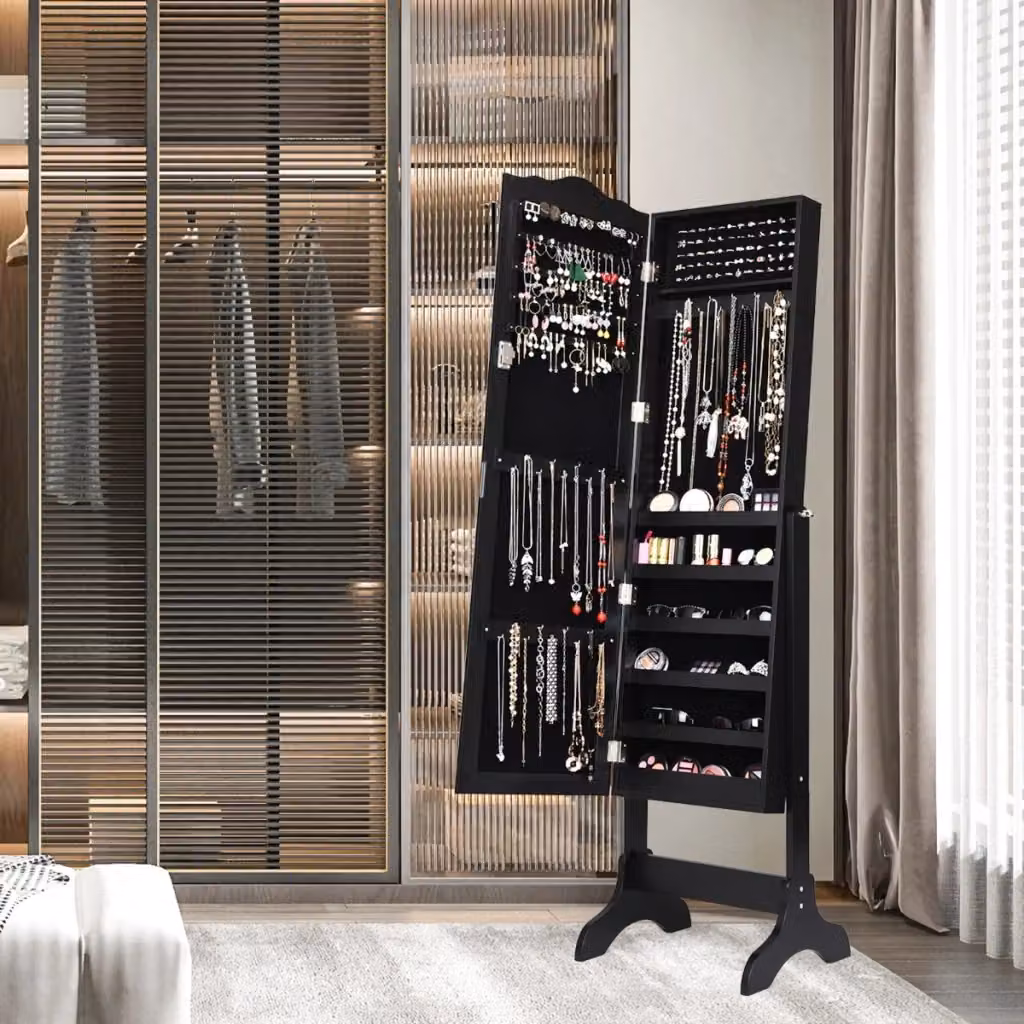 Armadio portagioie verticale con angolo regolabile e specchio su porta, organizer moderno in legno e MDF nero opaco, Altezza: 160 cm – 2