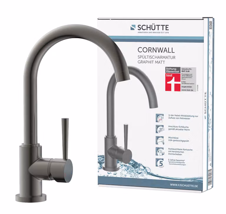SCHÜTTE CORNWALL, miscelatore per lavello con funzione di risparmio energetico, bocca girevole a 360°, grafite opaco